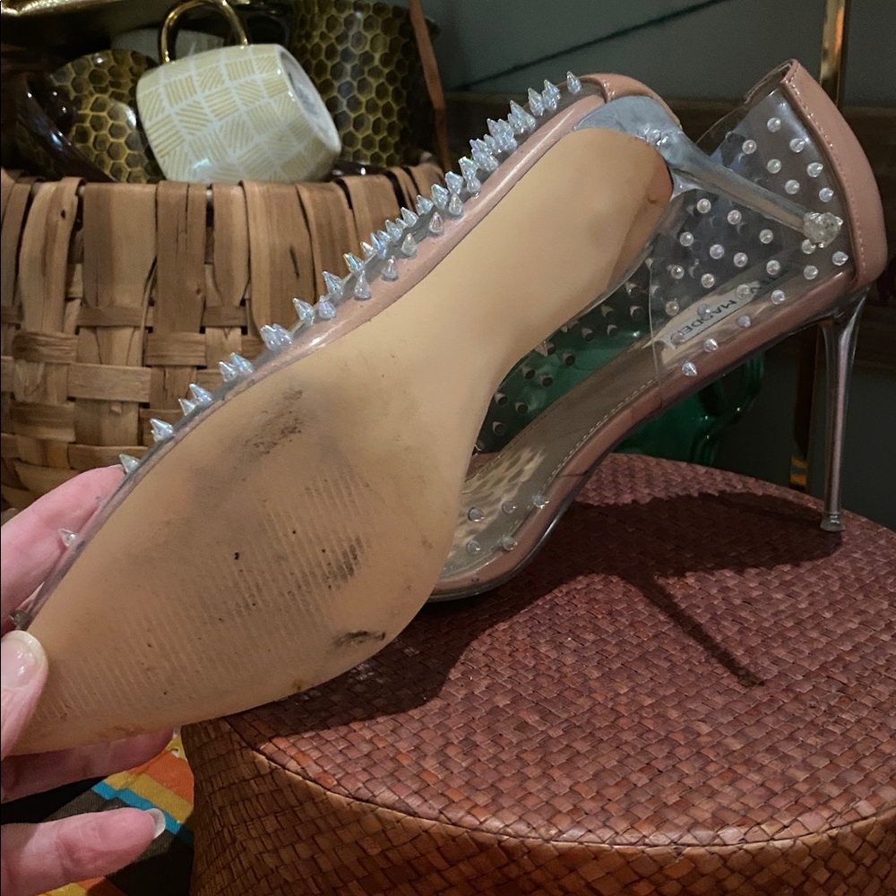 Steve Madden Tolima Clear Ecru High Heel Womens Size 9.5M Pumps Silver Studded - Picture 12 of 16